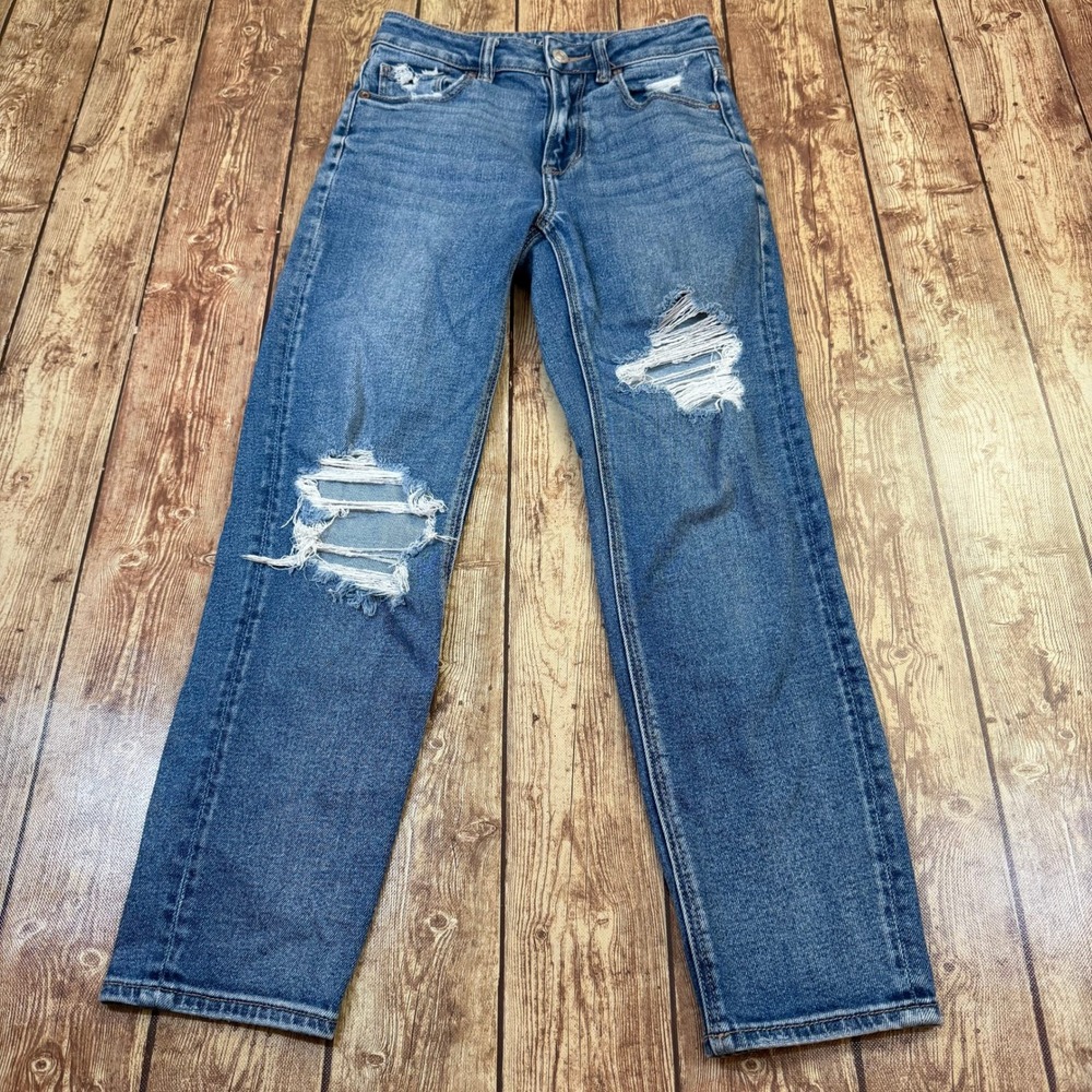 American Eagle Mom Straight Jean Womens 00 Short Blue Distressed Stretch